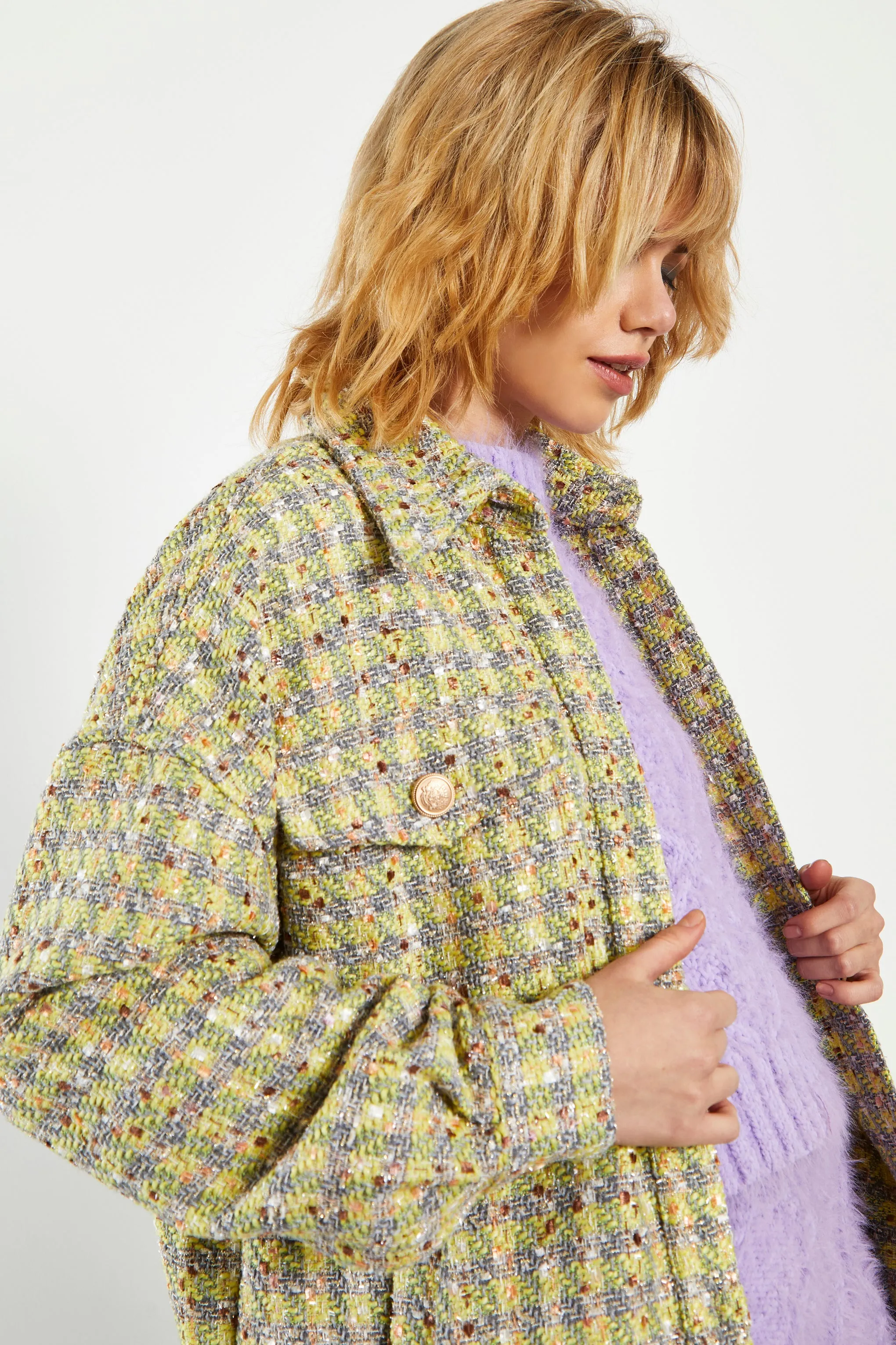 Glamorous Yellow Grey Check Tweed Oversized Shacket