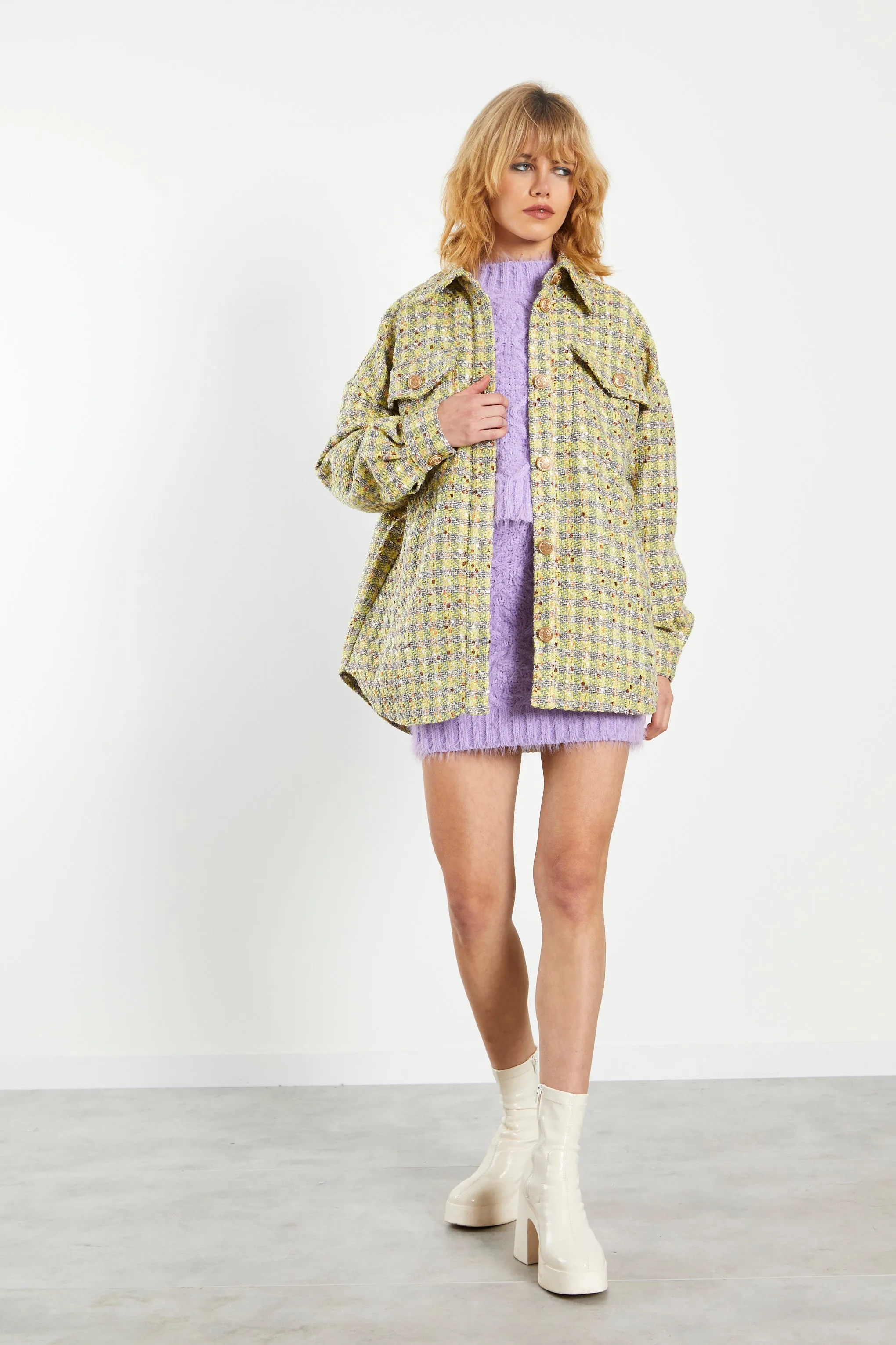 Glamorous Yellow Grey Check Tweed Oversized Shacket