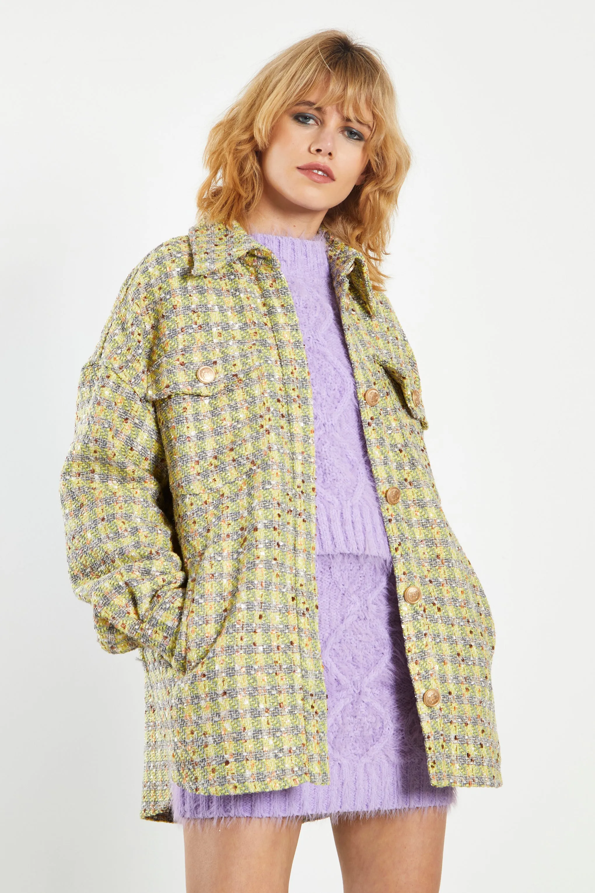 Glamorous Yellow Grey Check Tweed Oversized Shacket