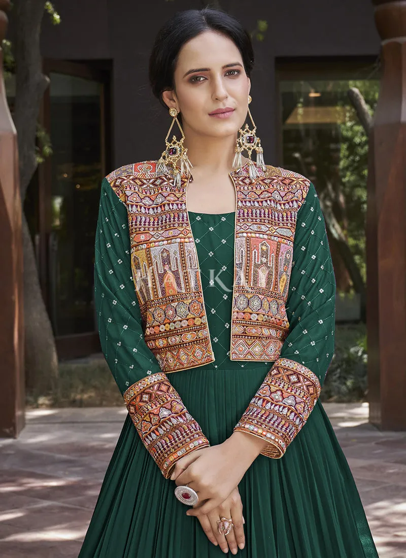 Green Embroidered Jacket Anarkali Gown