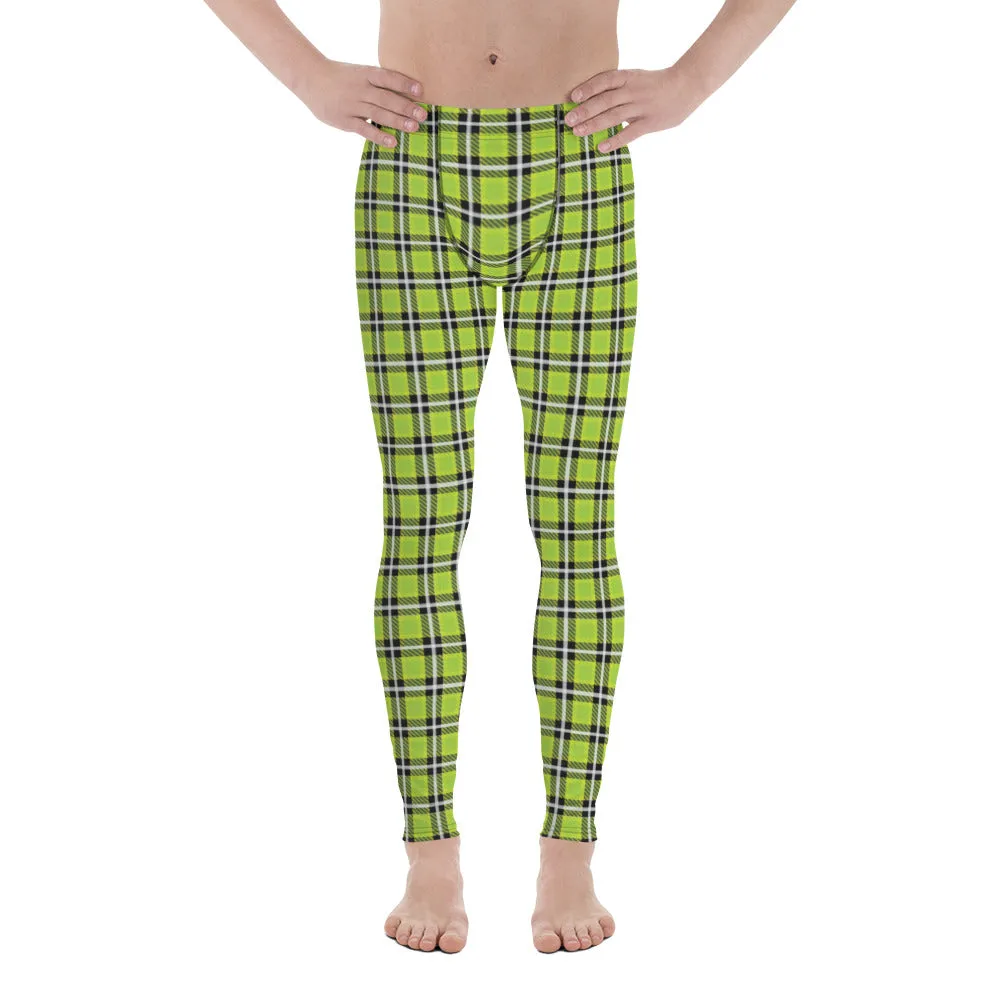 Green Tartan Print Men's Leggings, Classic Traditional Meggings Compression Running Tights