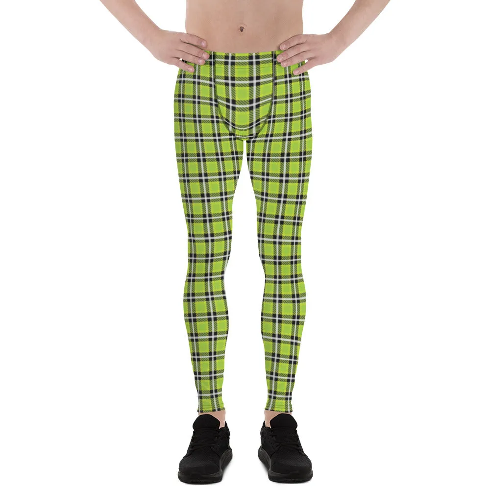 Green Tartan Print Men's Leggings, Classic Traditional Meggings Compression Running Tights