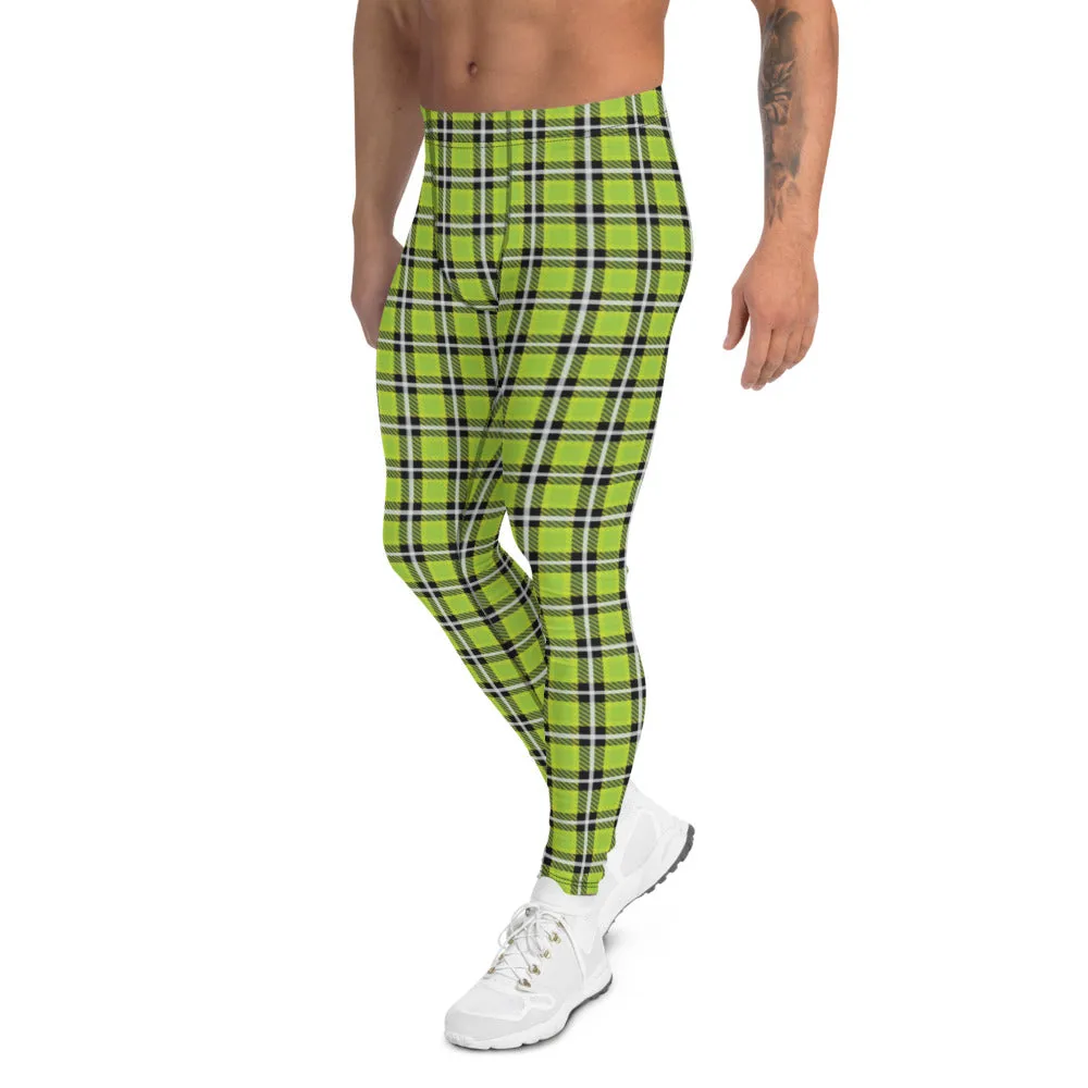 Green Tartan Print Men's Leggings, Classic Traditional Meggings Compression Running Tights