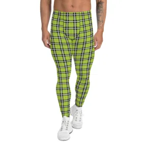 Green Tartan Print Men's Leggings, Classic Traditional Meggings Compression Running Tights