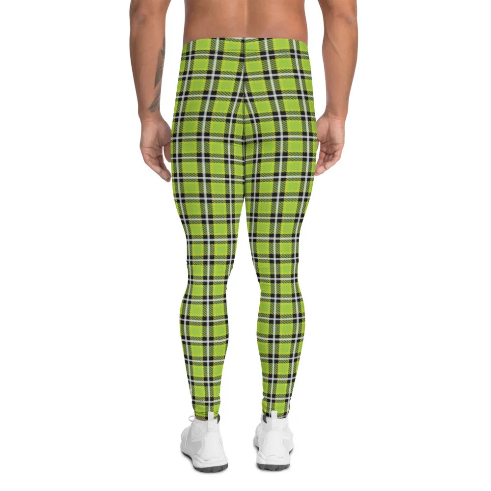 Green Tartan Print Men's Leggings, Classic Traditional Meggings Compression Running Tights