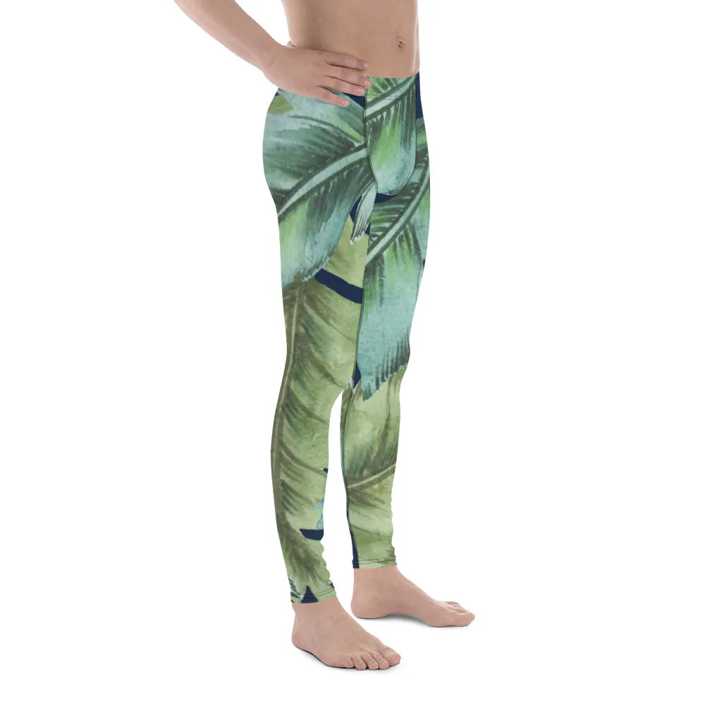 Green Tropical Leaves Men's Leggings, Best Men's Leggings, Tropical Leaves Print Designer Running Compression Tights For Men - Made in USA/EU/MX