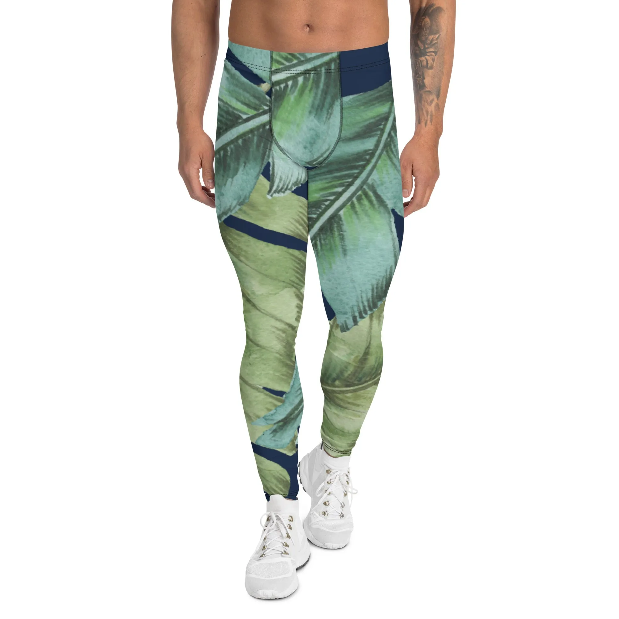 Green Tropical Leaves Men's Leggings, Best Men's Leggings, Tropical Leaves Print Designer Running Compression Tights For Men - Made in USA/EU/MX