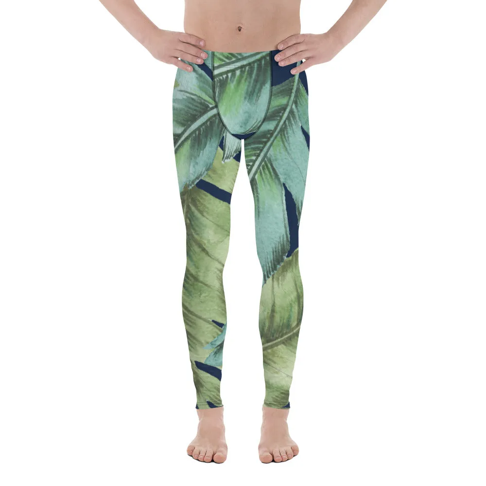 Green Tropical Leaves Men's Leggings, Best Men's Leggings, Tropical Leaves Print Designer Running Compression Tights For Men - Made in USA/EU/MX