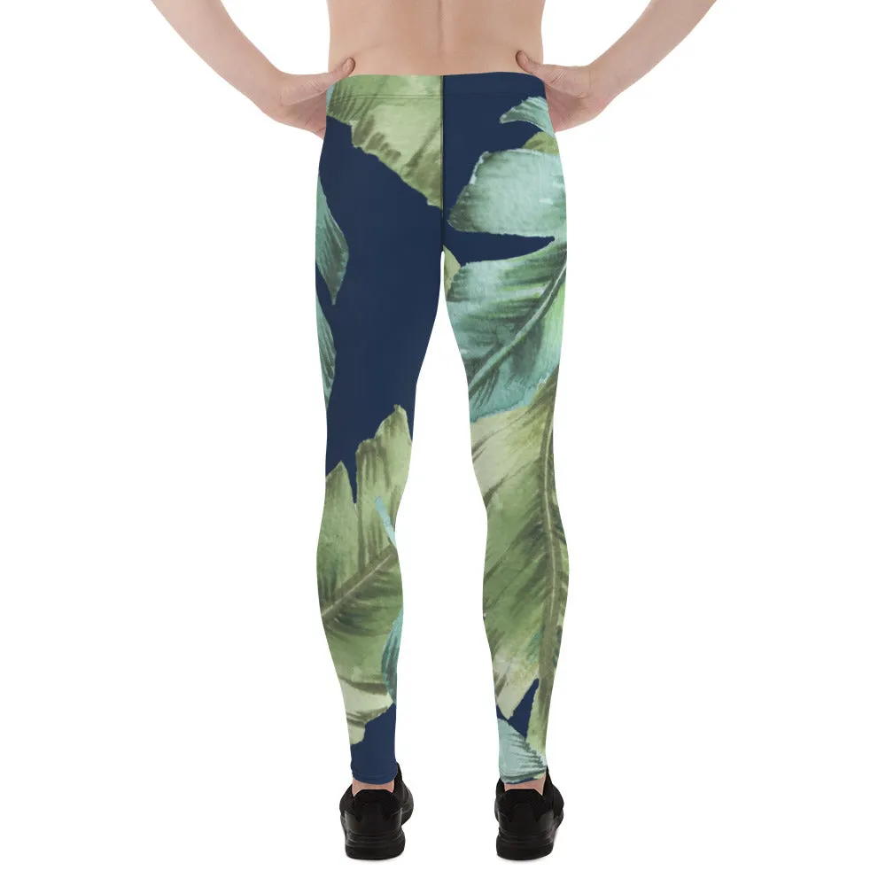 Green Tropical Leaves Men's Leggings, Best Men's Leggings, Tropical Leaves Print Designer Running Compression Tights For Men - Made in USA/EU/MX