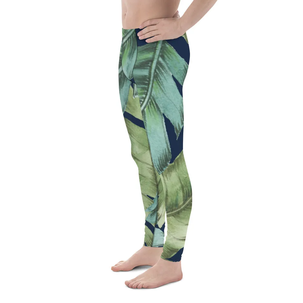 Green Tropical Leaves Men's Leggings, Best Men's Leggings, Tropical Leaves Print Designer Running Compression Tights For Men - Made in USA/EU/MX