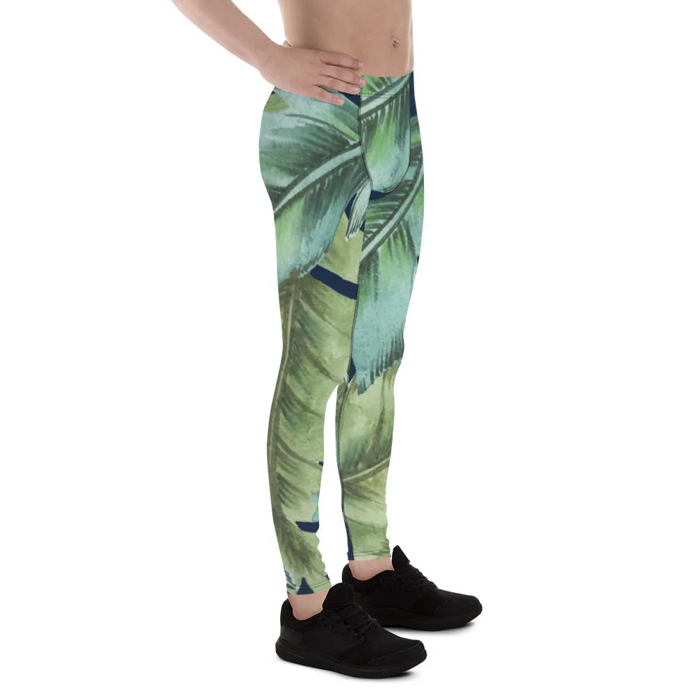 Green Tropical Leaves Men's Leggings, Best Men's Leggings, Tropical Leaves Print Designer Running Compression Tights For Men - Made in USA/EU/MX