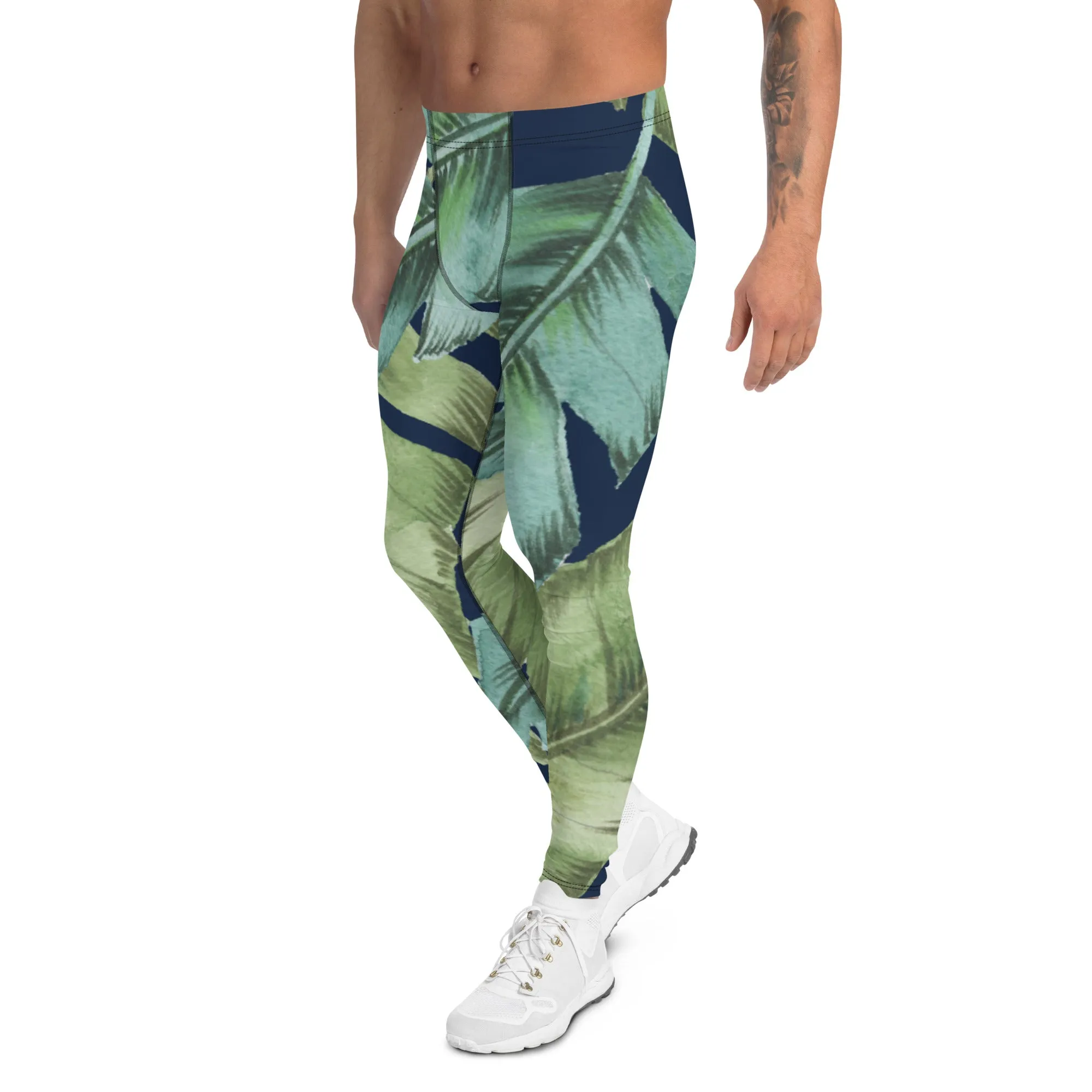 Green Tropical Leaves Men's Leggings, Best Men's Leggings, Tropical Leaves Print Designer Running Compression Tights For Men - Made in USA/EU/MX