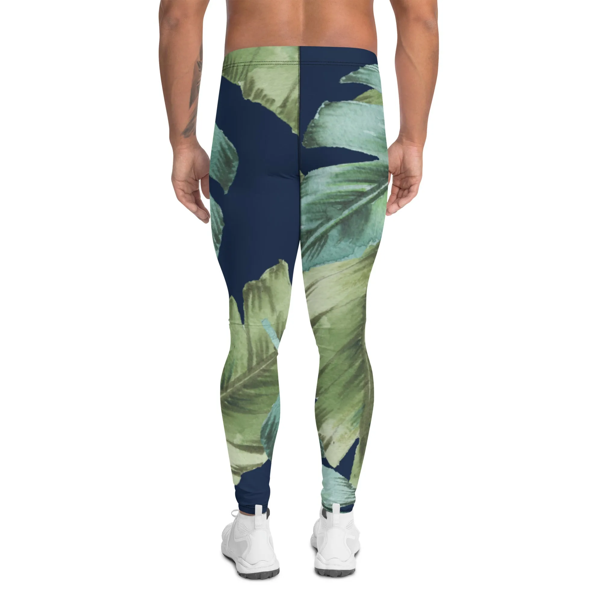 Green Tropical Leaves Men's Leggings, Best Men's Leggings, Tropical Leaves Print Designer Running Compression Tights For Men - Made in USA/EU/MX