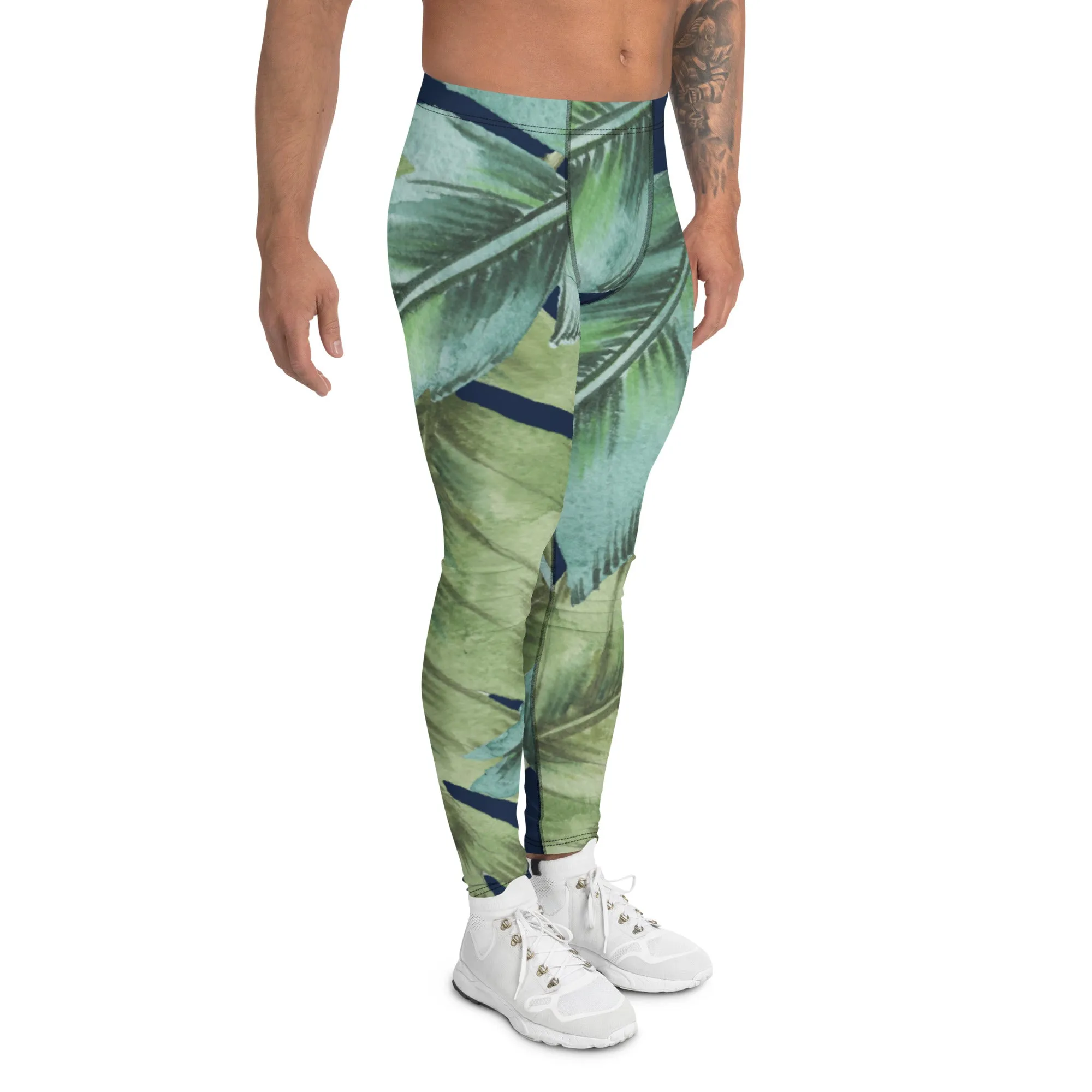 Green Tropical Leaves Men's Leggings, Best Men's Leggings, Tropical Leaves Print Designer Running Compression Tights For Men - Made in USA/EU/MX