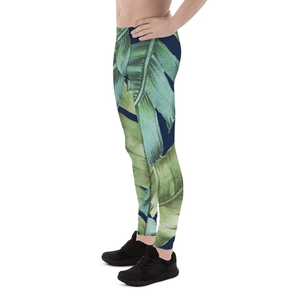 Green Tropical Leaves Men's Leggings, Best Men's Leggings, Tropical Leaves Print Designer Running Compression Tights For Men - Made in USA/EU/MX