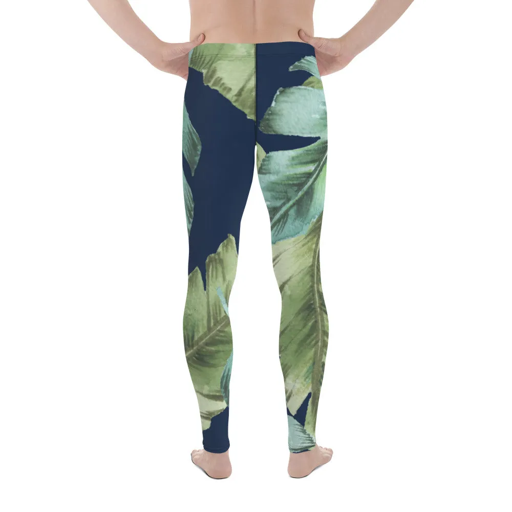 Green Tropical Leaves Men's Leggings, Best Men's Leggings, Tropical Leaves Print Designer Running Compression Tights For Men - Made in USA/EU/MX