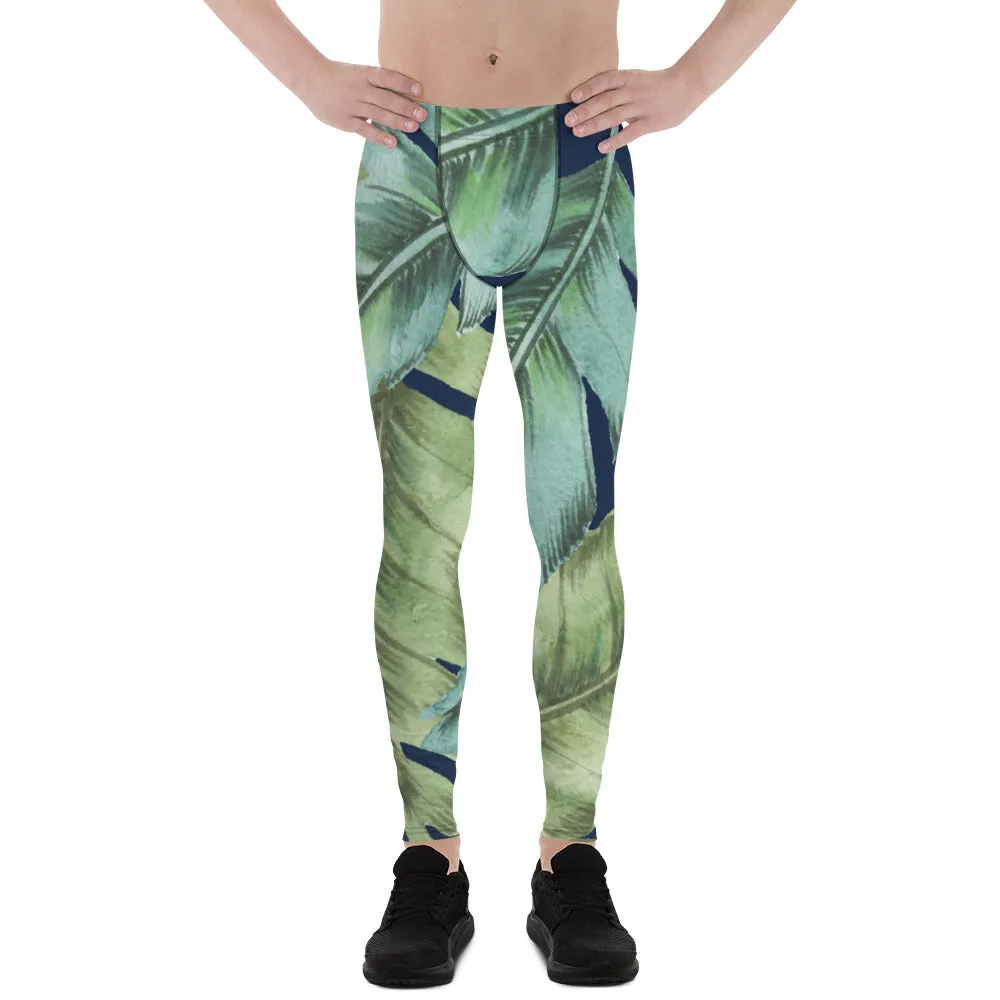 Green Tropical Leaves Men's Leggings, Best Men's Leggings, Tropical Leaves Print Designer Running Compression Tights For Men - Made in USA/EU/MX