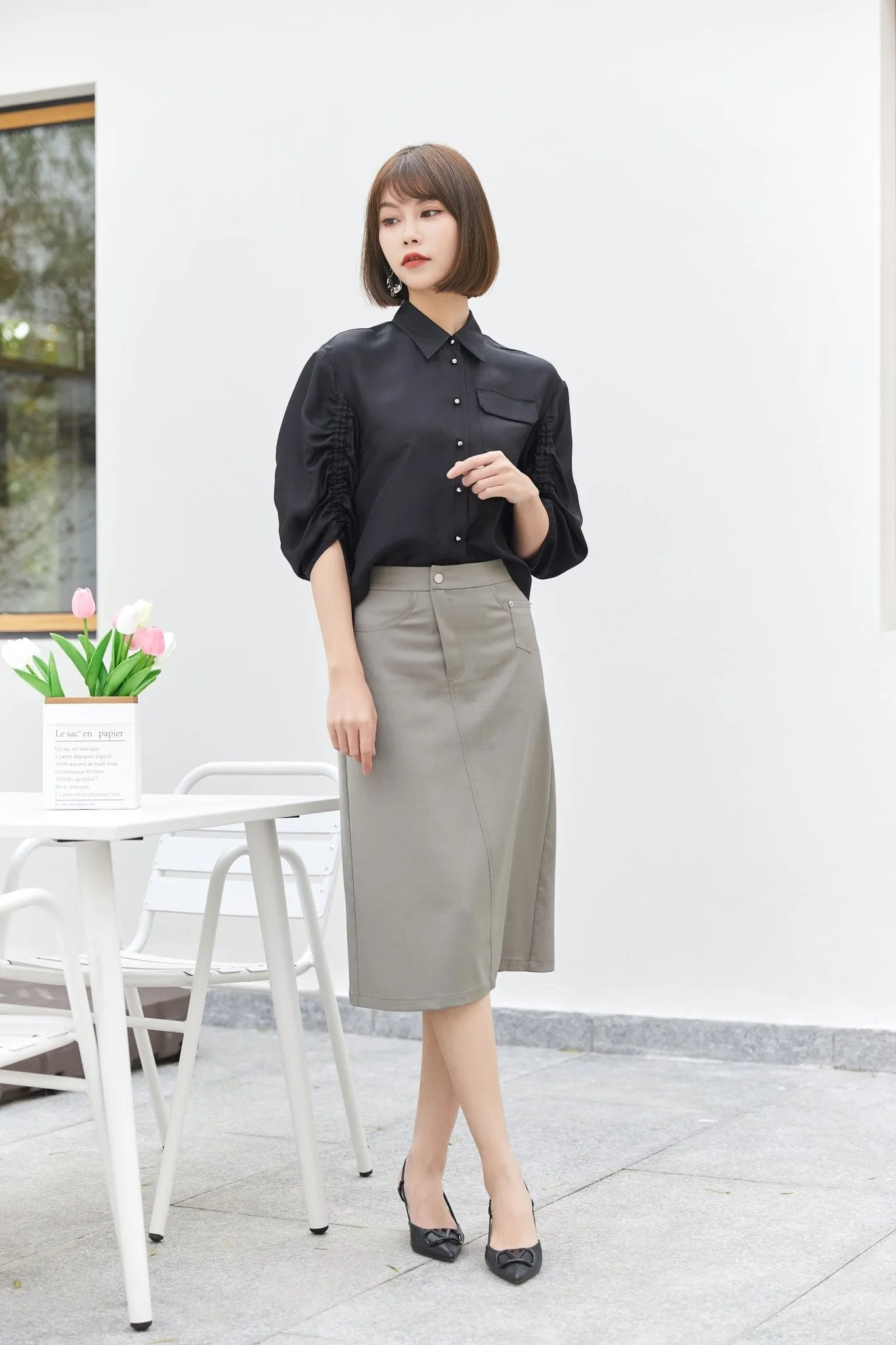 Grey Green Utility Straight Midi Skirt