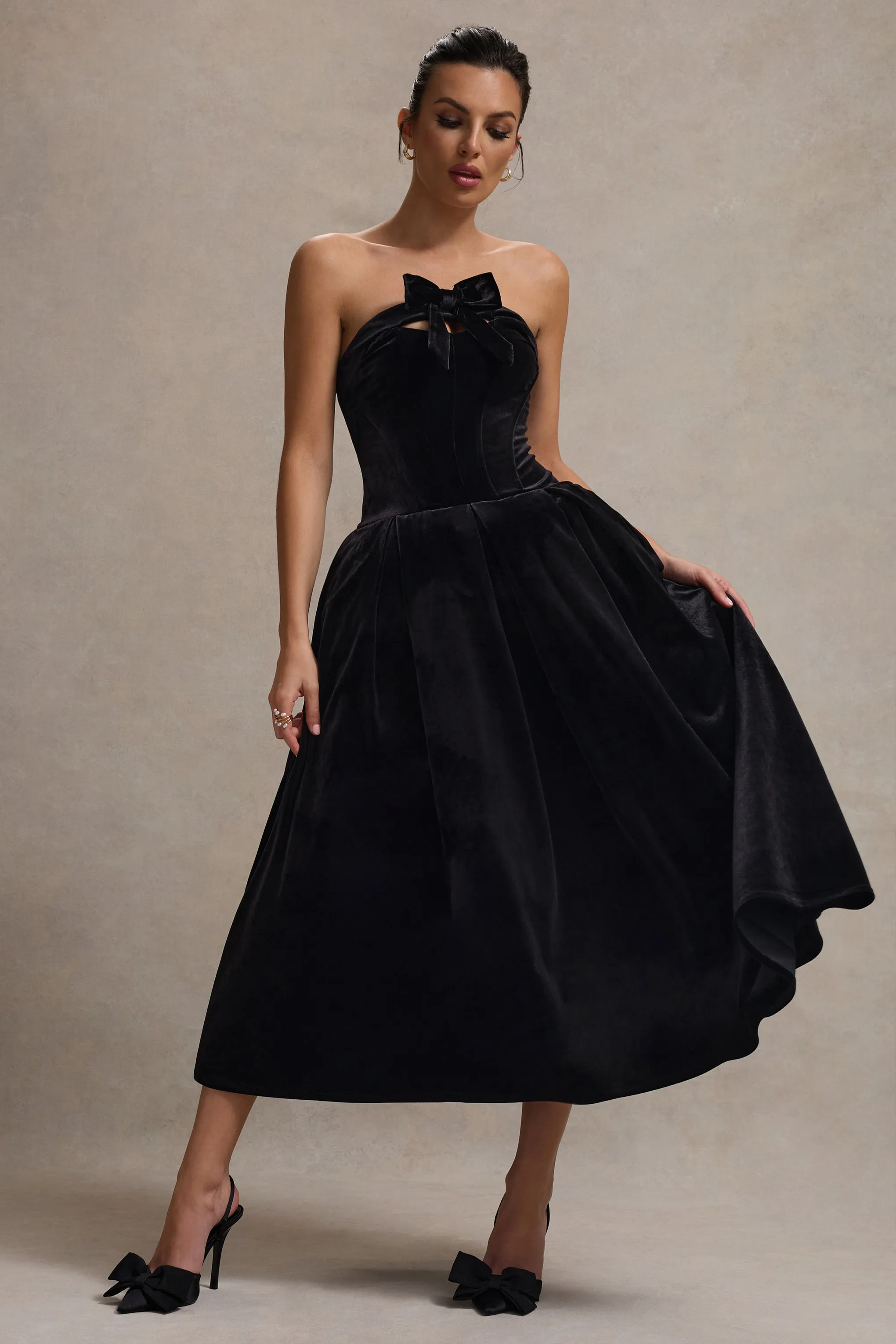 Hepburn | Black Velvet Bandeau Midi Dress With Bow