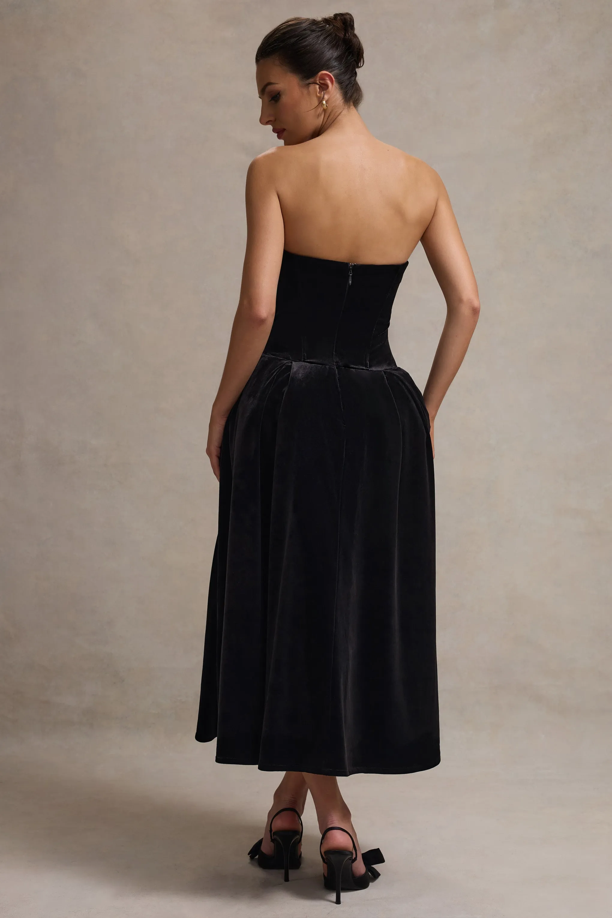 Hepburn | Black Velvet Bandeau Midi Dress With Bow