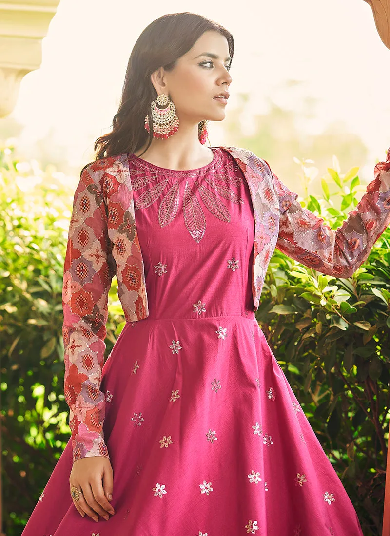 Hot Pink Sequence Embroidered Anarkali Gown With Jacket