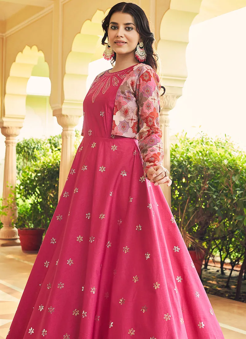 Hot Pink Sequence Embroidered Anarkali Gown With Jacket