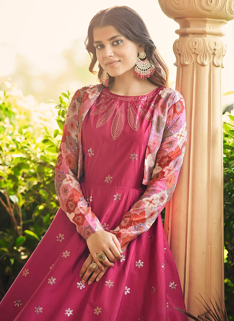 Hot Pink Sequence Embroidered Anarkali Gown With Jacket