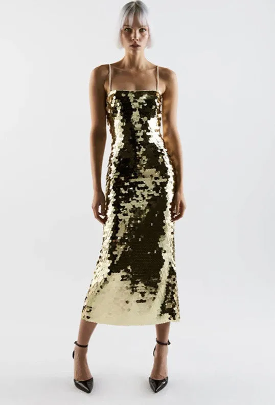 Ilsa Sequin Midi Dress in Gold