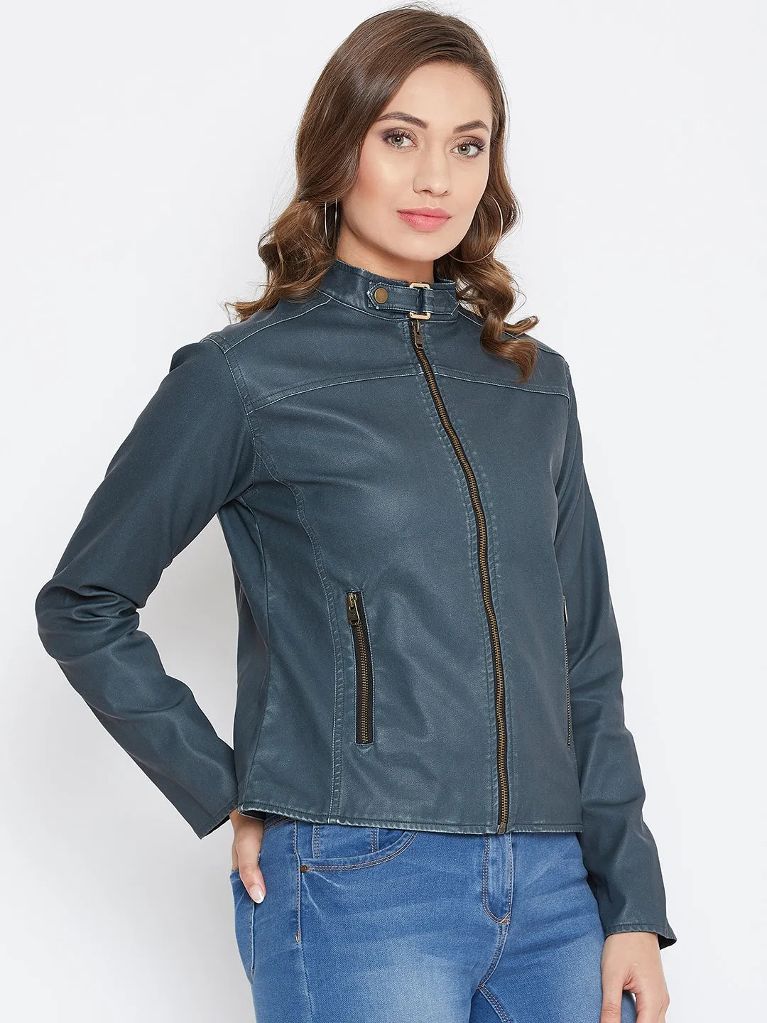 JUMP USA Women Olive Solid Casual Leather Jacket