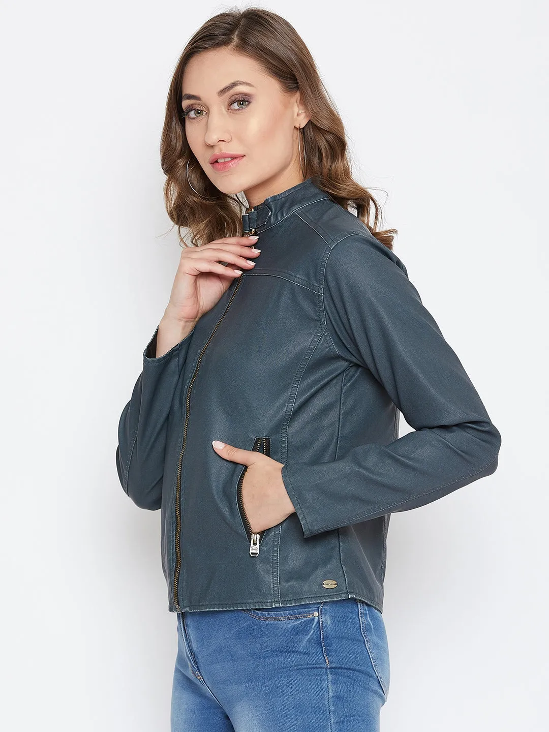 JUMP USA Women Olive Solid Casual Leather Jacket