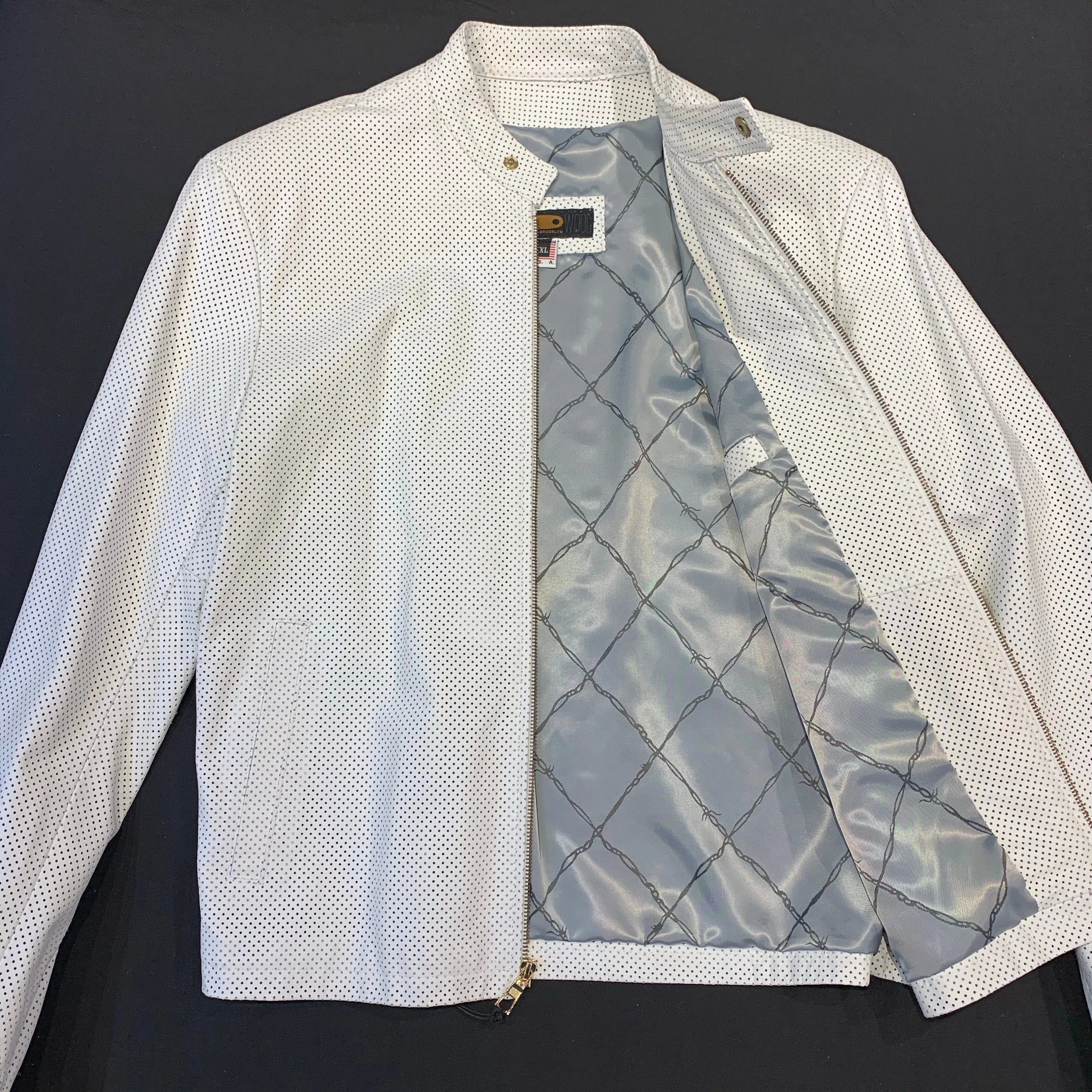 Kashani White Perforated Lambskin Chinese Collar Biker Jacket