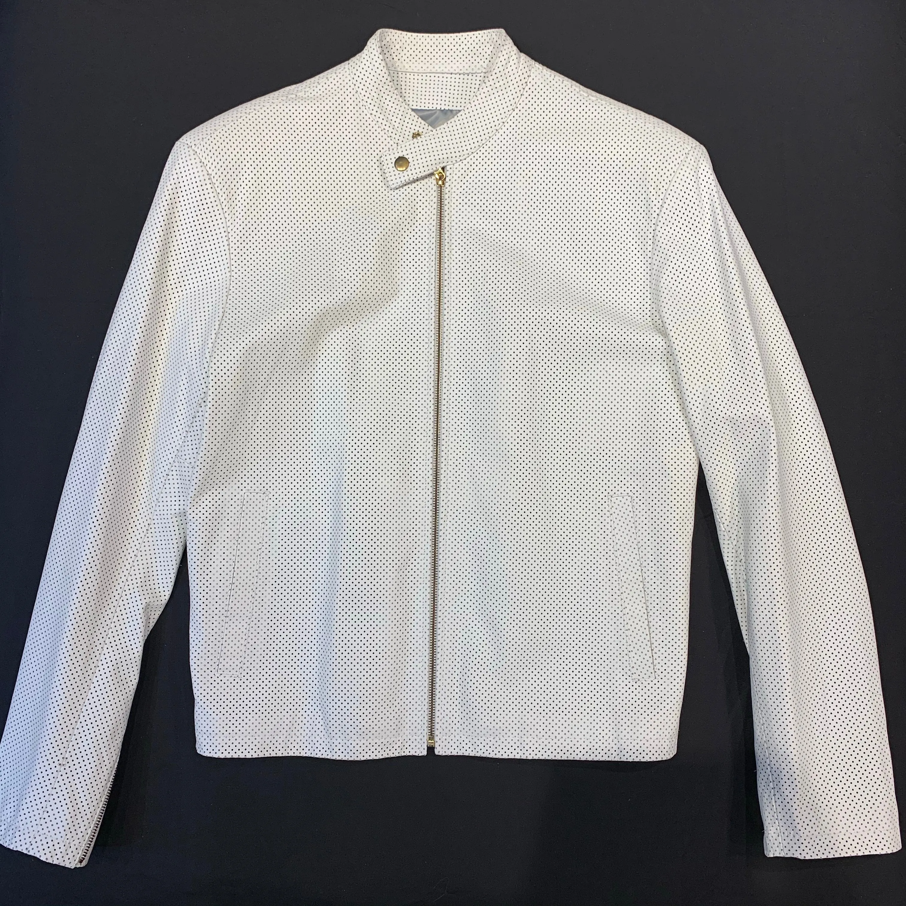 Kashani White Perforated Lambskin Chinese Collar Biker Jacket