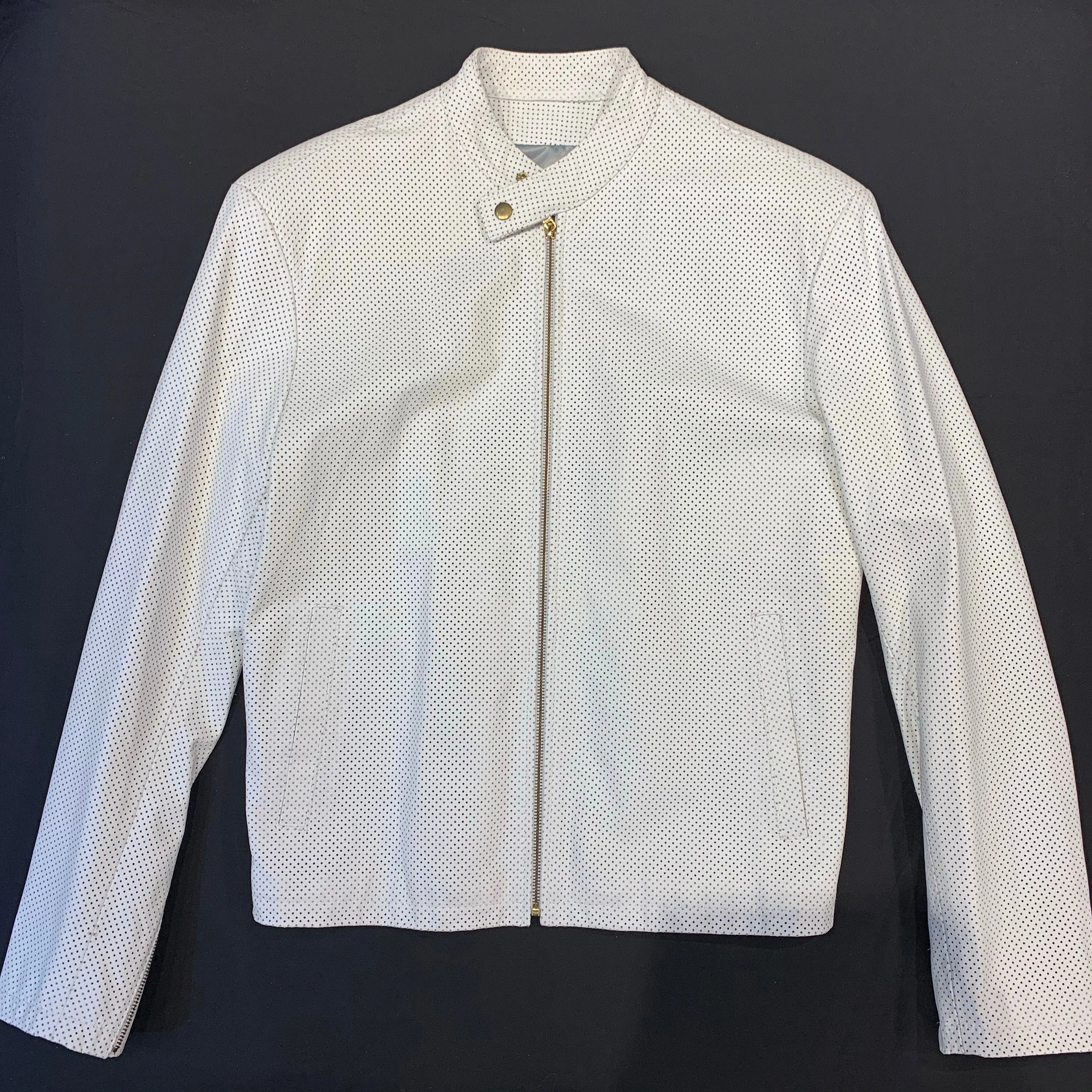 Kashani White Perforated Lambskin Chinese Collar Biker Jacket