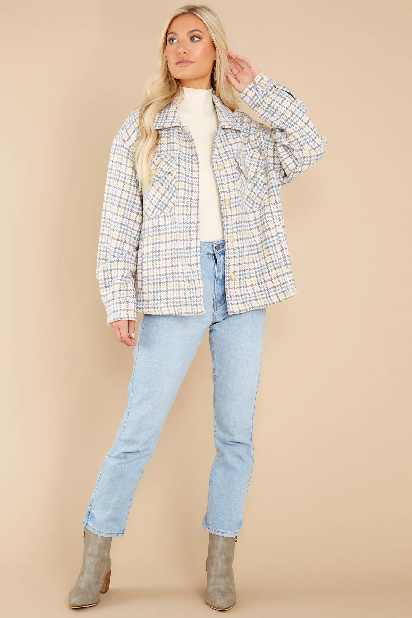 Keep Me Toasty Pink And Grey Plaid Shacket