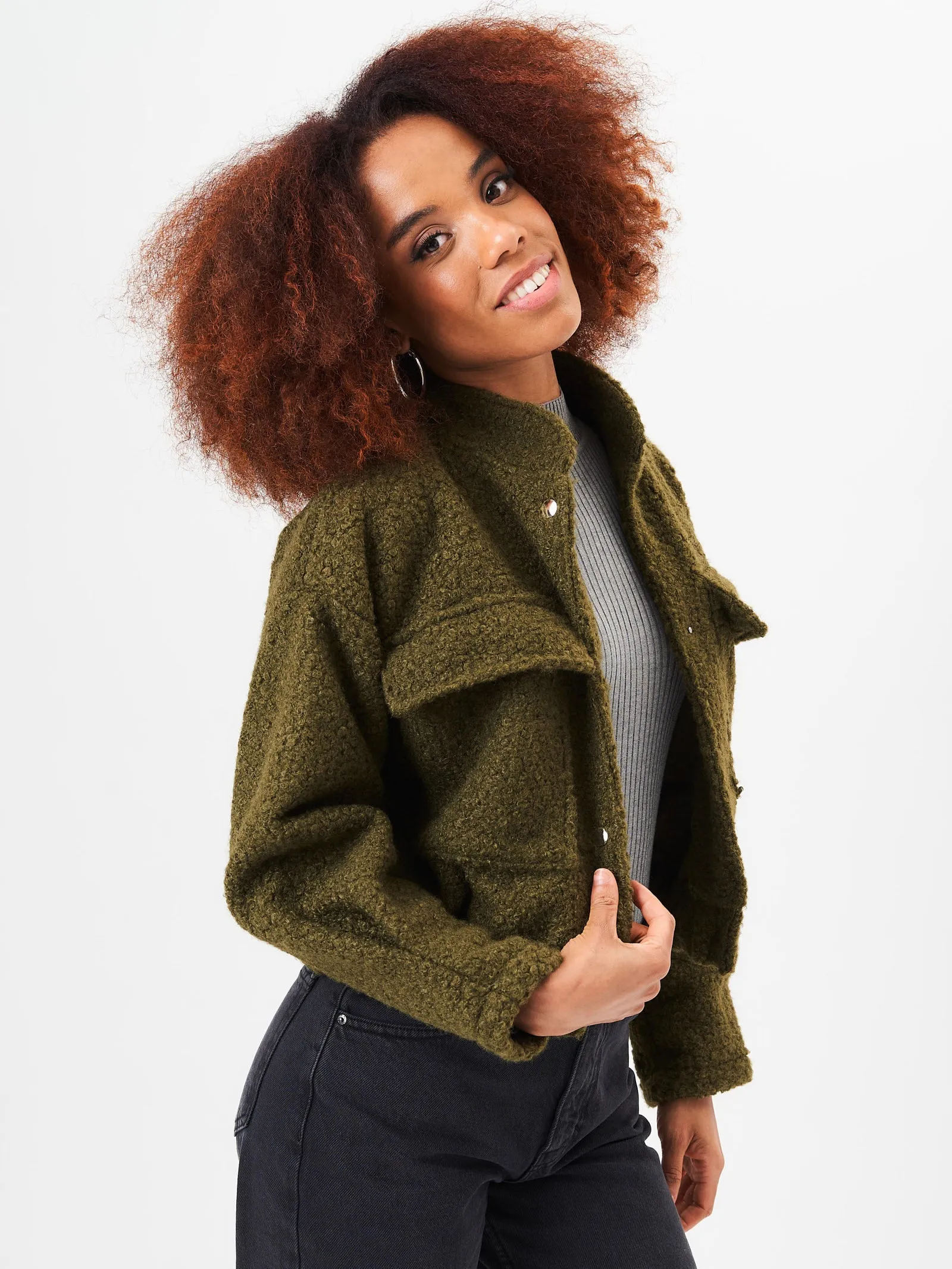 Khaki Boucle Wool Elasticated Waist Cropped Jacket