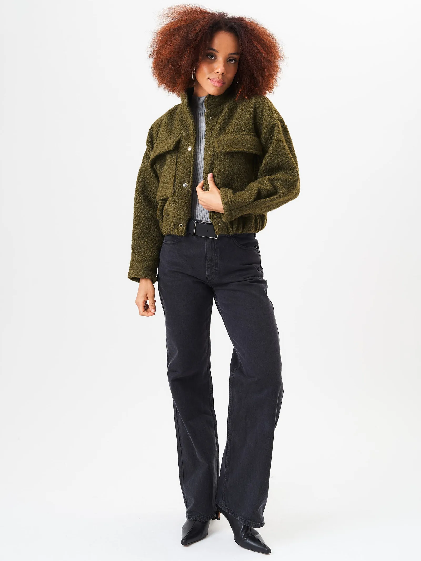 Khaki Boucle Wool Elasticated Waist Cropped Jacket