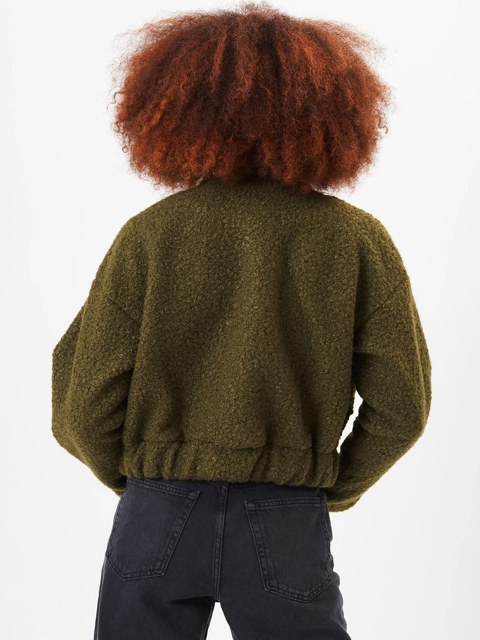 Khaki Boucle Wool Elasticated Waist Cropped Jacket