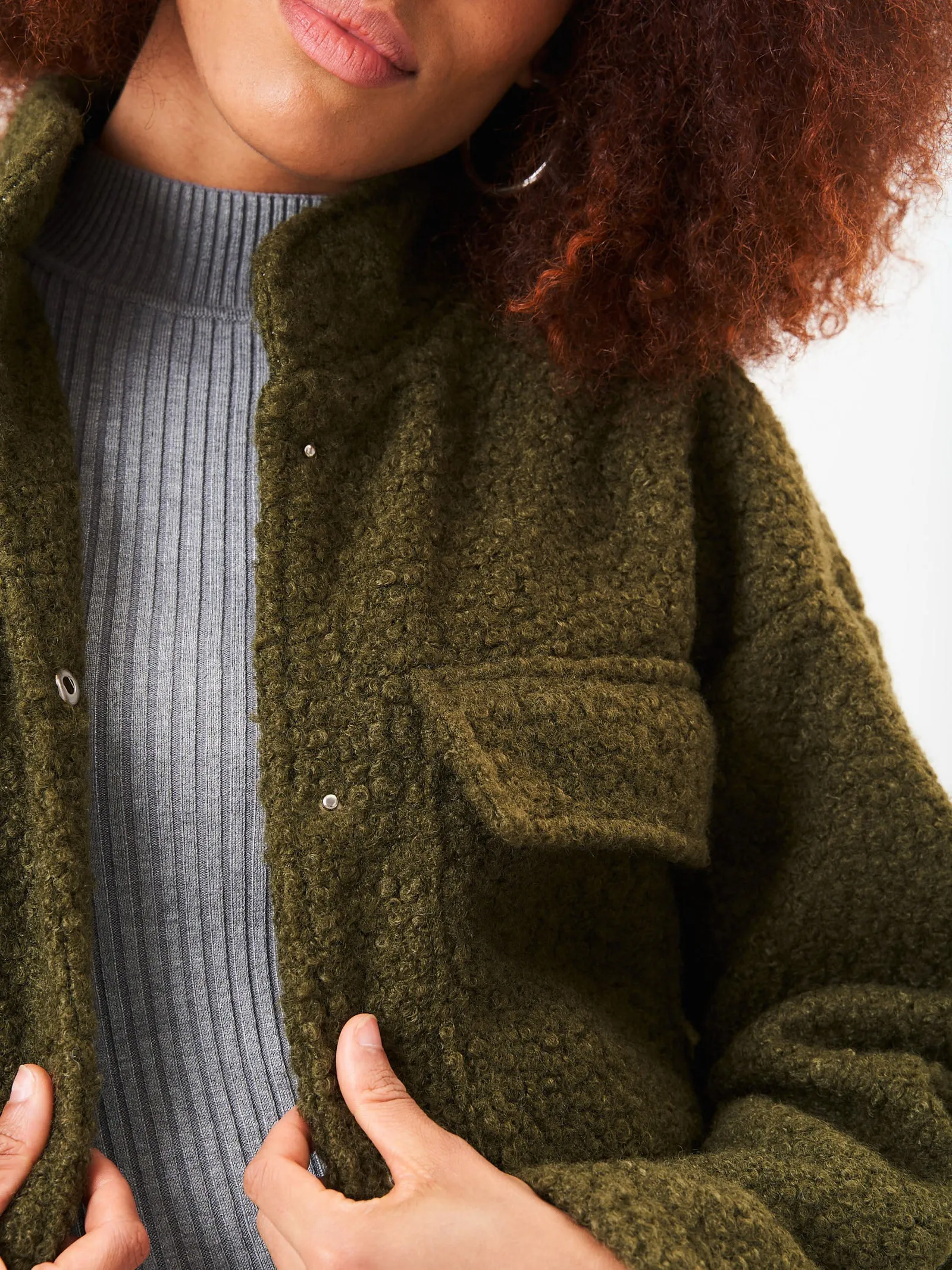 Khaki Boucle Wool Elasticated Waist Cropped Jacket