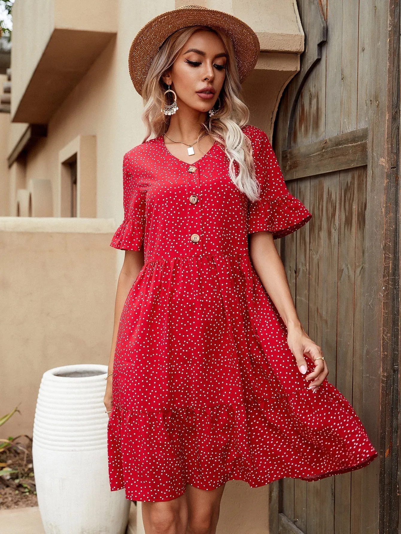 KittenAlarm - V-neck Polka Dot Ruffled Long Skirt