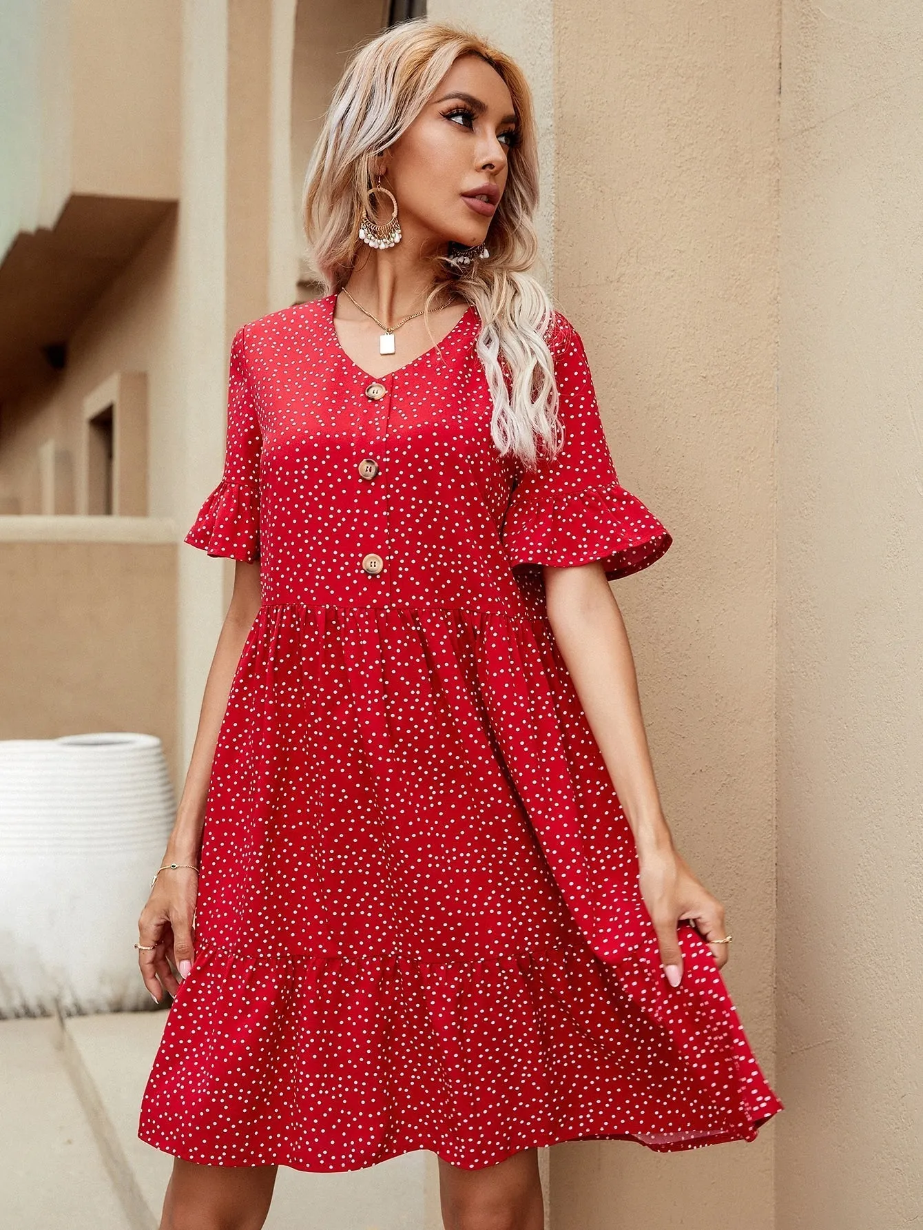 KittenAlarm - V-neck Polka Dot Ruffled Long Skirt