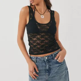 Lace Floral Sheer Mesh Cami Top U Neck Backless Y2k See-through Slim Fit Crop Tank Women Top