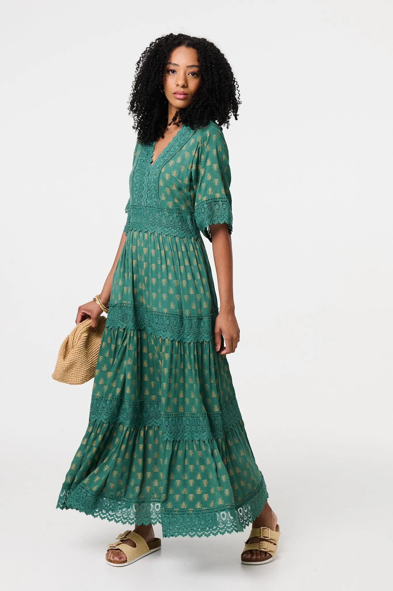 Lace Semi Sheer Flare 3/4 Sleeve Maxi Dress