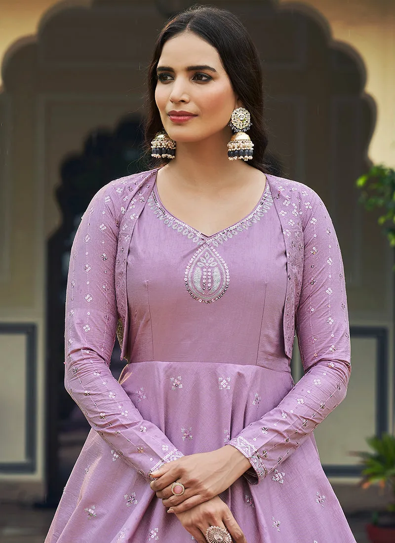 Lavender Sequence Embroidered Anarkali Gown With Jacket