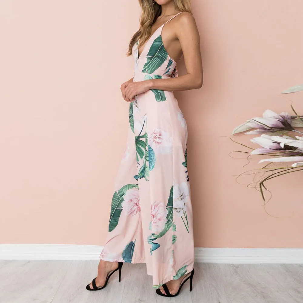 Leaf Print Pink Jumpsuits