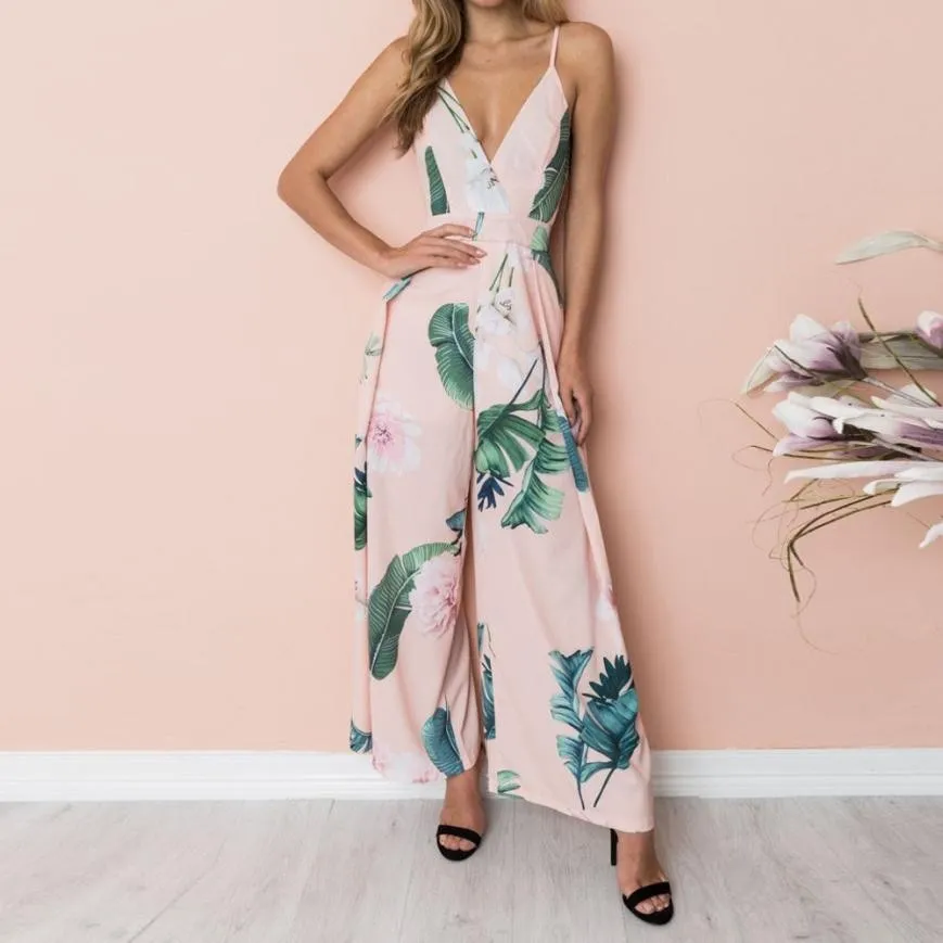 Leaf Print Pink Jumpsuits