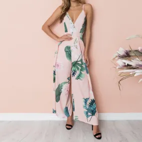 Leaf Print Pink Jumpsuits