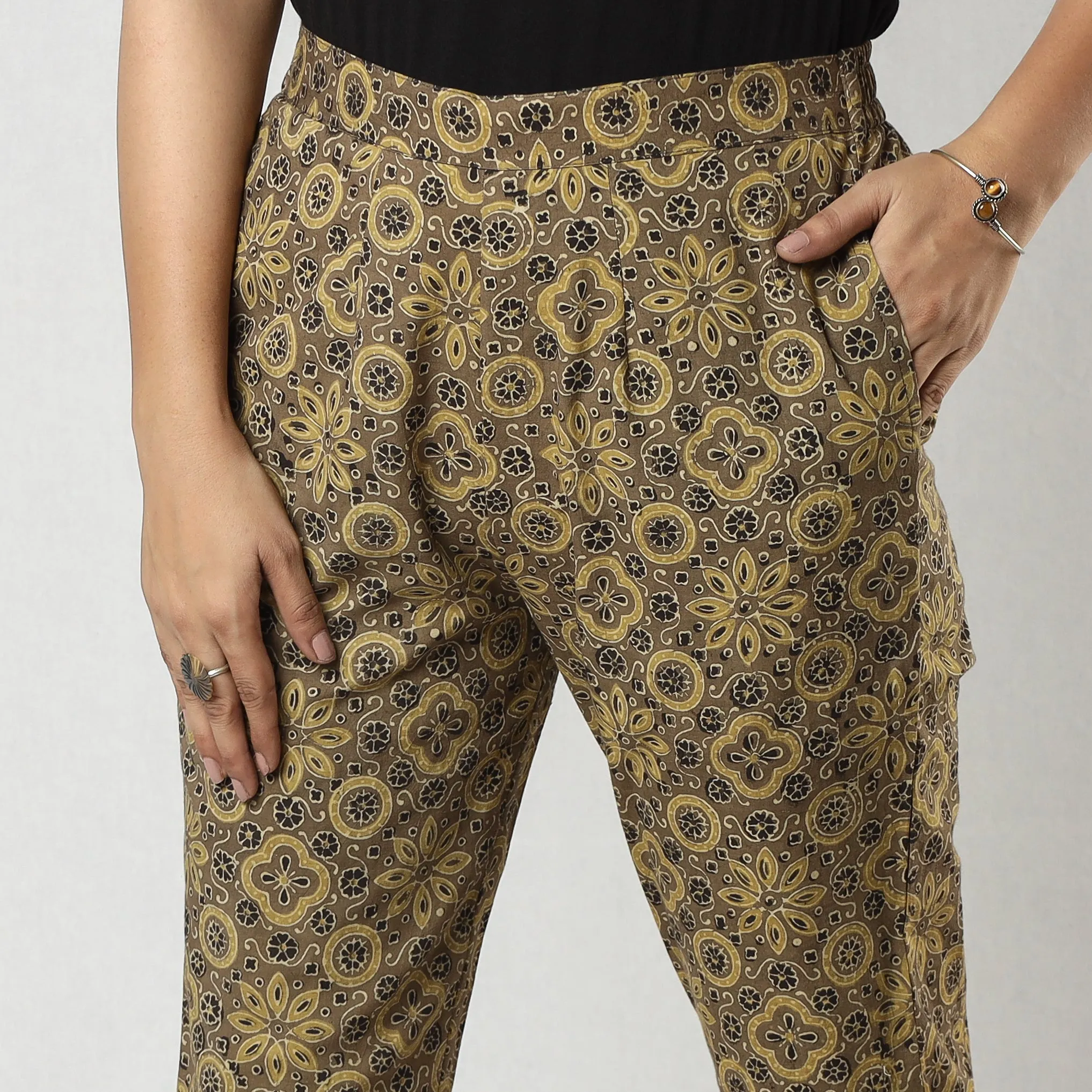 Light Brown Ajrakh Block Printing Cotton Tapered Casual Pant for Women