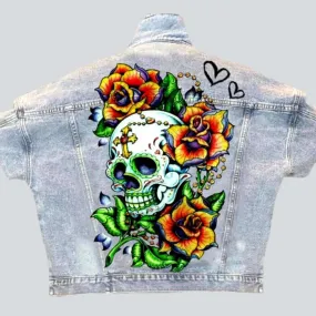 Light-wash skull print women's jean jacket