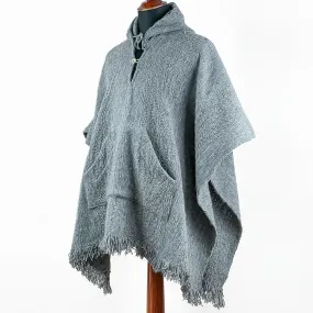 Llama Wool Unisex Handwoven Hooded Poncho - wavy striped gray pattern - pocket