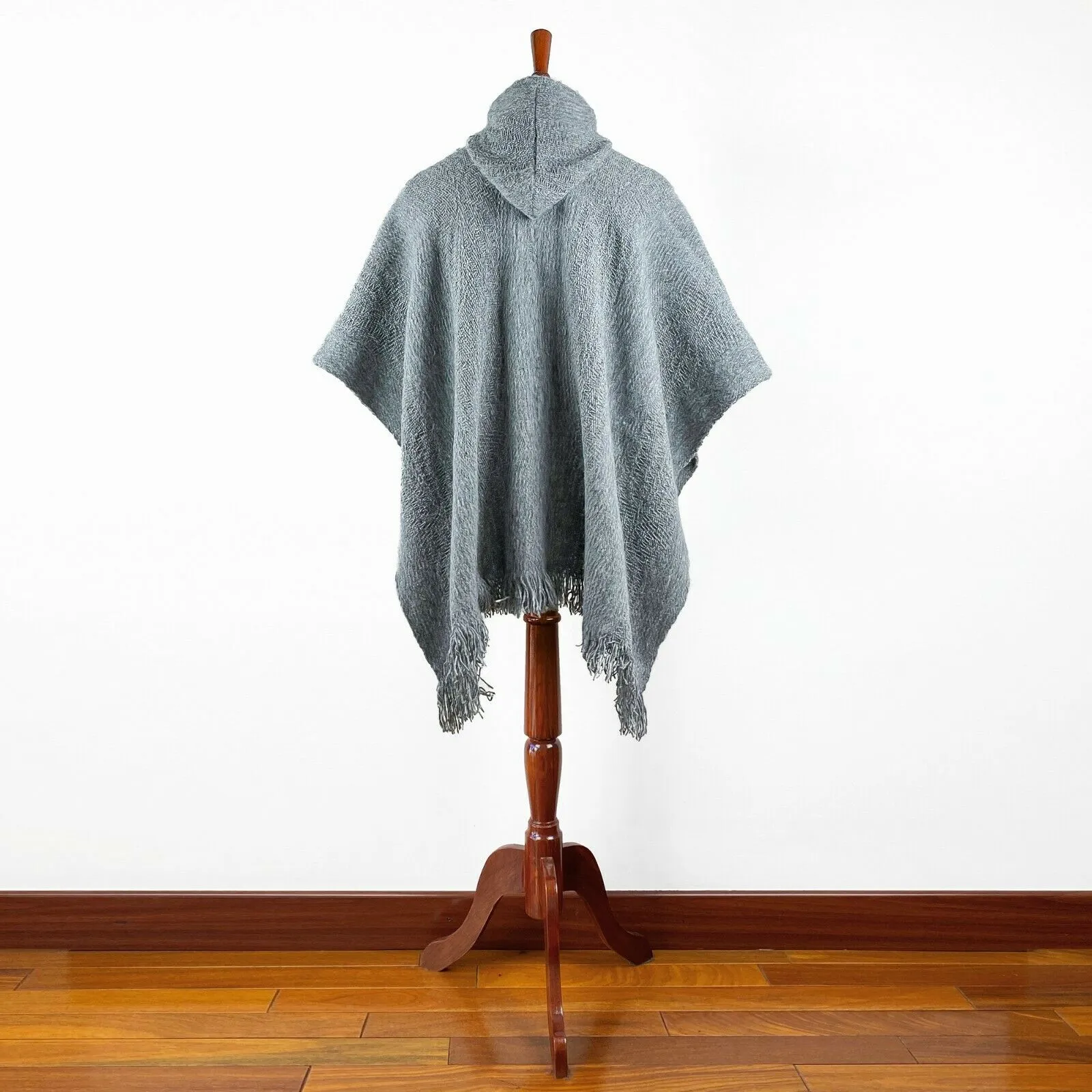 Llama Wool Unisex Handwoven Hooded Poncho - wavy striped gray pattern - pocket